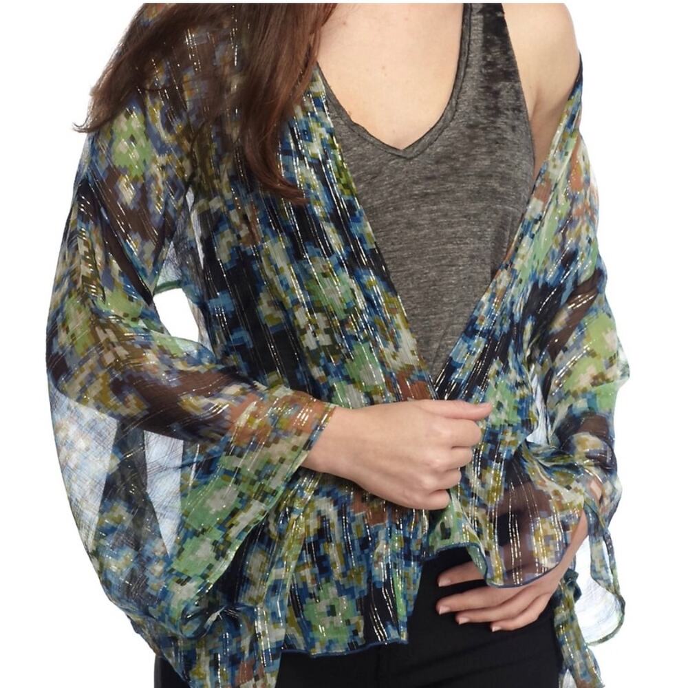 Free People Fleur De Lis blue sheer floral cardigan Kimono style duster sz Small - Picture 2 of 10